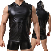 Leather Mens Tank Top With Hood + Sexy Shorts